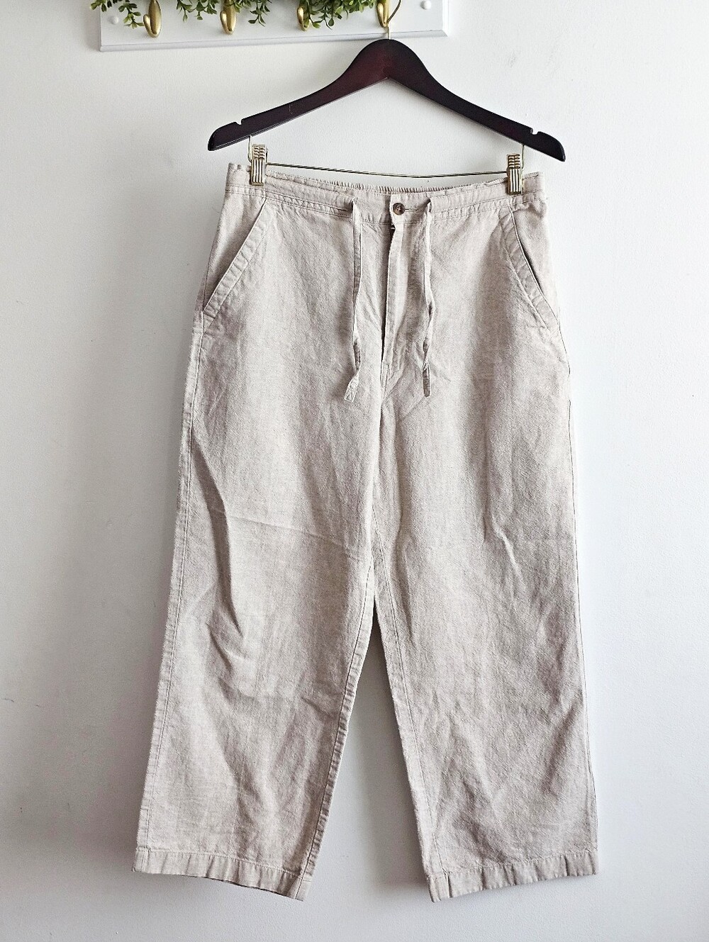 Havanera Co Linen Flax Cotton Drawstring Cropped Pants Women's Medium Beige